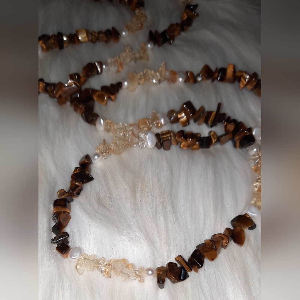 pearl, citrine Tigers eye gemstone nugget Chip necklace EUC goldtone clasp - Picture 13 of 14
